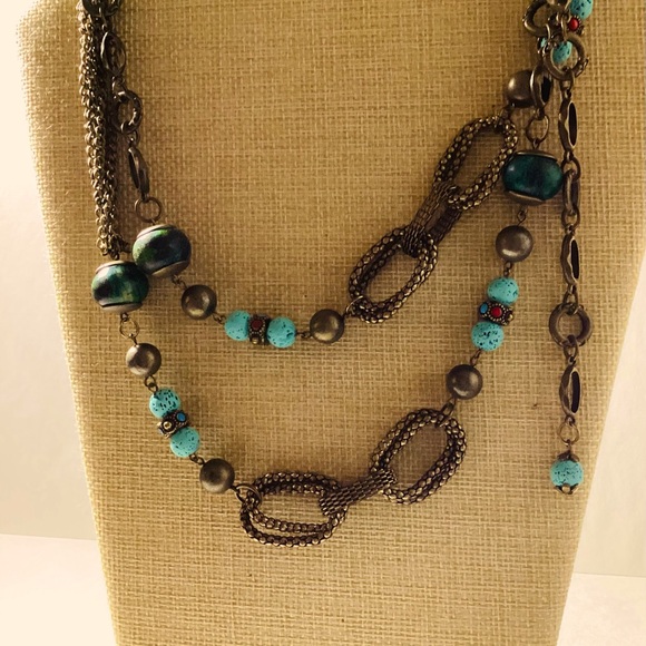 Bronze Chain Blue Color Beads Necklace - Picture 1 of 8